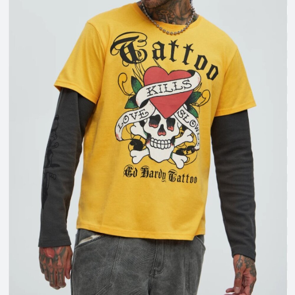 Ed Hardy LKS Skull Thermal Long Sleeve Yellow Men's Large New Tattoo